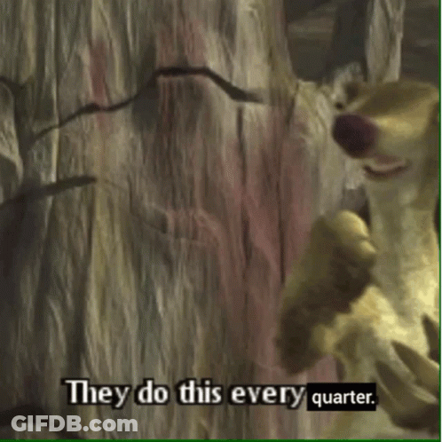 A Cartoon Dog Is Standing Next To A Tree And Says They Do This Every Quarter GIF