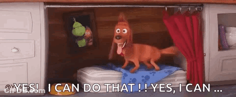 A Cartoon Dog Is Standing On A Bed In A Room With The Words `` I Can Do That ! '' GIF