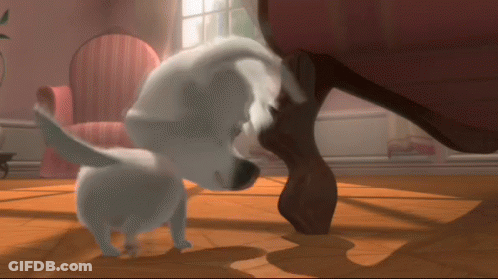 A Cartoon Dog Is Standing On Its Hind Legs Next To A Chair GIF