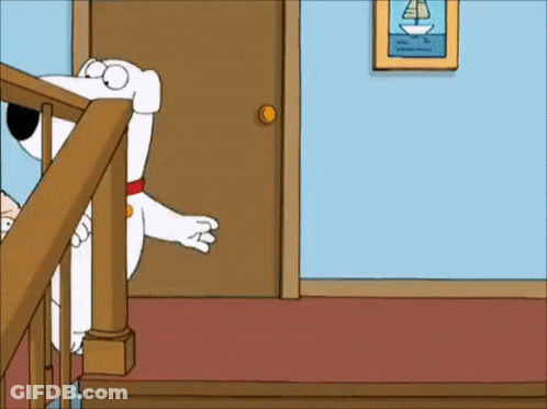 A Cartoon Dog Is Walking Down A Set Of Stairs With A Picture Of A Sailboat On The Wall Behind Him GIF