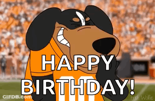 A Cartoon Dog Is Wearing An Orange And Black Jersey And Saying `` Happy Birthday '' . GIF