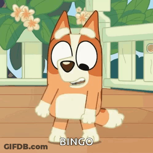 A Cartoon Dog Named Bingo Is Standing On A Wooden Floor GIF