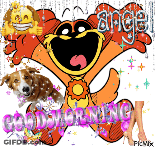 A Cartoon Dog Says Good Morning With A Dog And A Woman 'S Legs GIF