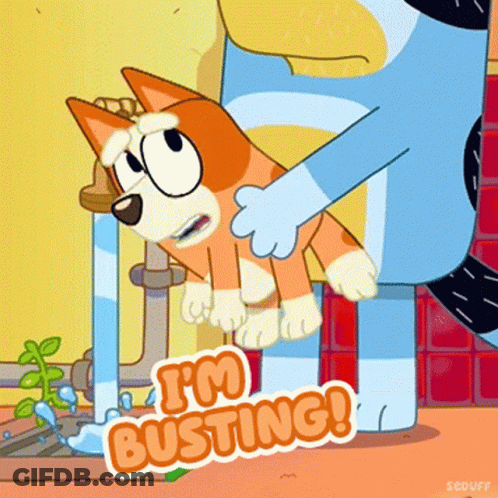 A Cartoon Dog Says I 'M Busting In Front Of A Faucet GIF
