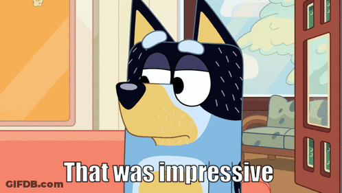 A Cartoon Dog Says " That Was Impressive " In A Living Room GIF