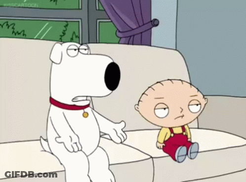 A Cartoon Dog Sitting On A Couch Next To A Baby Sitting On A Couch GIF