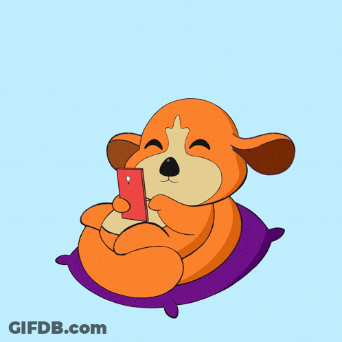 Cartoon Dog Sitting On Purple Pillow With Heart Speech Bubble GIF