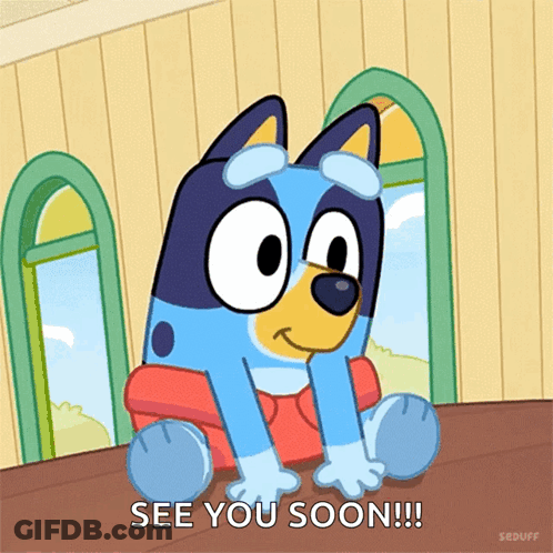 A Cartoon Dog Sitting On A Table With The Words See You Soon GIF