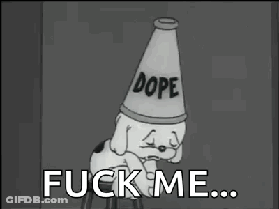 A Cartoon Dog Wearing A Cone Hat With The Words `` Fuck Me '' Written On It Is Sitting On A Stool . GIF