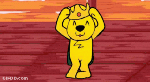 A Cartoon Dog Wearing A Crown And A Cape Is Standing On A Wooden Floor . GIF