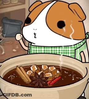 A Cartoon Dog Wearing A Green Apron Is Standing Next To A Bowl Of Soup GIF