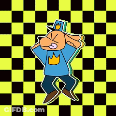 A Cartoon Dog Wearing A Hat And A Blue Shirt Is Dancing On A Checkered Background . GIF