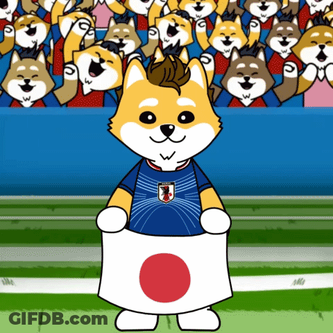 A Cartoon Dog Wearing A Japan Jersey Holds A Flag In Front Of A Crowd GIF