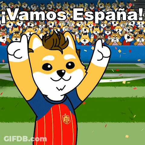 A Cartoon Dog Wearing A Jersey That Says Vamos Espana On It GIF