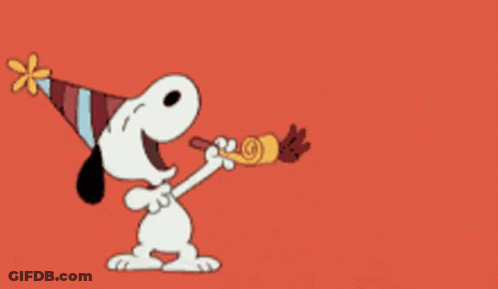 A Cartoon Dog Wearing A Party Hat Blowing A Party Horn GIF