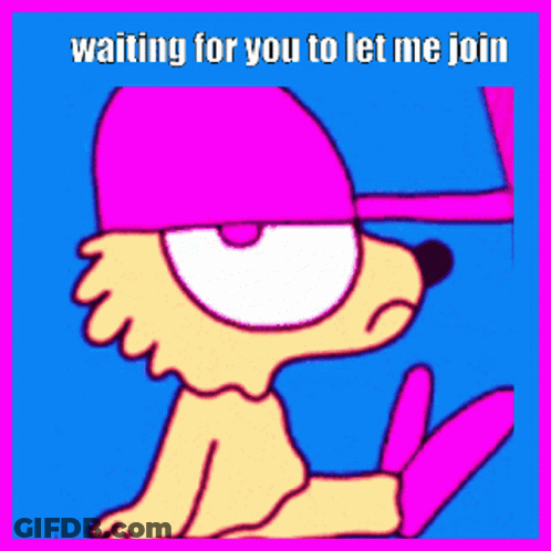 A Cartoon Dog Wearing A Pink Hat With The Words Waiting For You To Let Me Join Below It GIF