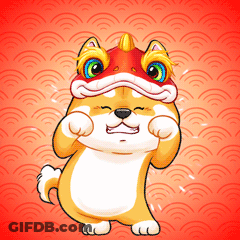 A Cartoon Dog Wearing A Red And Yellow Lion Head GIF