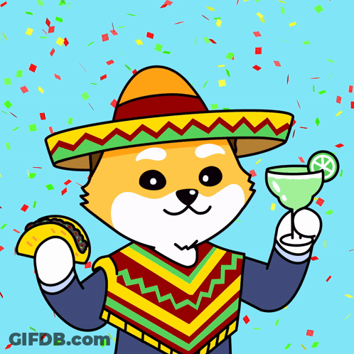 A Cartoon Dog Wearing A Sombrero Holding A Margarita And A Taco GIF