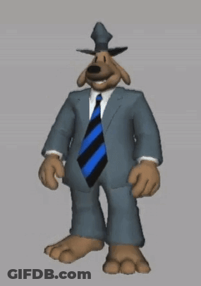 A Cartoon Dog Wearing A Suit And Tie With A Hat On His Head GIF