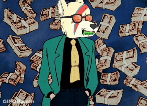 A Cartoon Dog Wearing A Suit And Tie With Stacks Of Money Around Him GIF