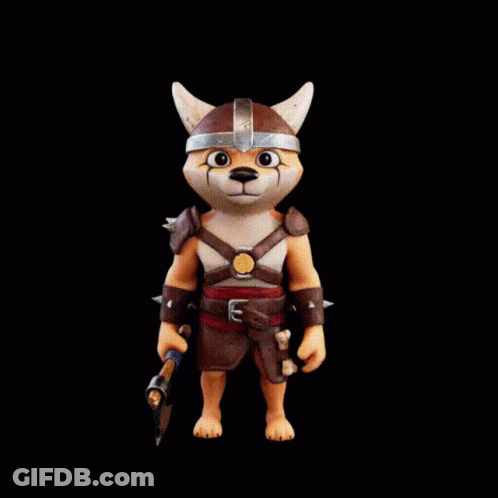 A Cartoon Dog Wearing A Viking Costume Is Holding An Axe GIF