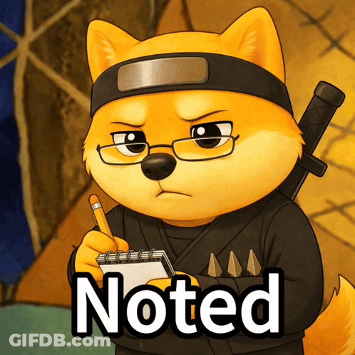 A Cartoon Dog Wearing Glasses And A Headband Is Holding A Notepad With The Word Noted Written On It GIF