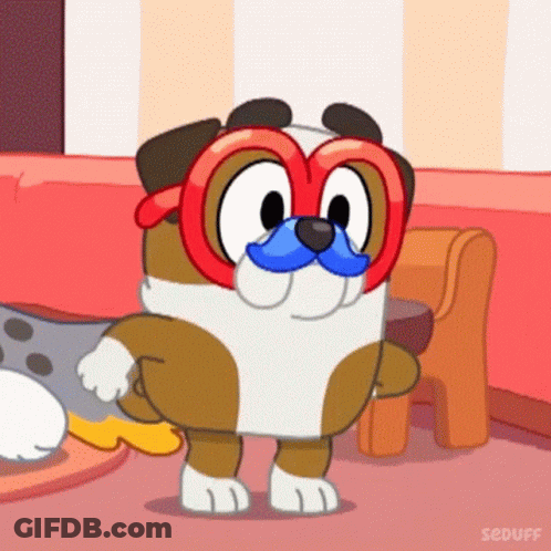 A Cartoon Dog Wearing Glasses And A Mustache Is Standing Next To A Chair . GIF