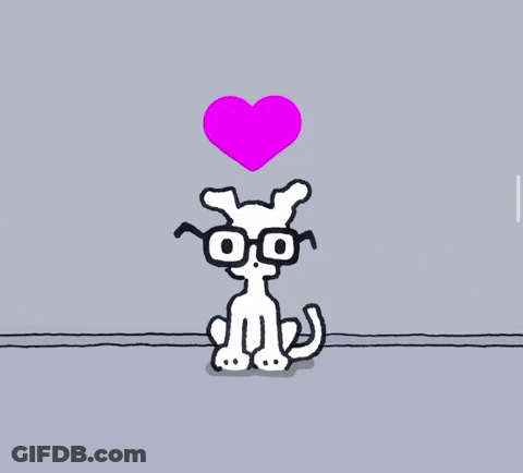 A Cartoon Dog Wearing Glasses Is Holding A Pink Heart Above His Head GIF