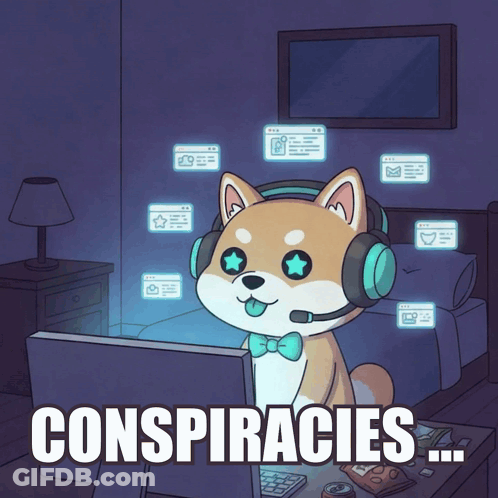 A Cartoon Dog Wearing Headphones And A Bow Tie Is Looking At A Computer Screen With The Words Conspiracies Below Him GIF