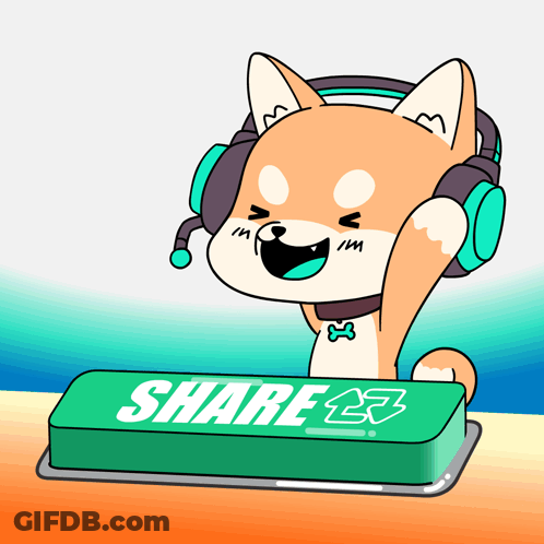 A Cartoon Dog Wearing Headphones And A Bow Tie Is Pressing A Share Button GIF