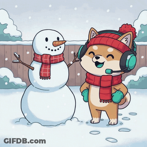 A Cartoon Dog Wearing Headphones And A Scarf Standing Next To A Snowman GIF