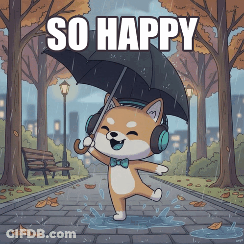A Cartoon Dog Wearing Headphones And Holding An Umbrella With The Words So Happy Above It GIF