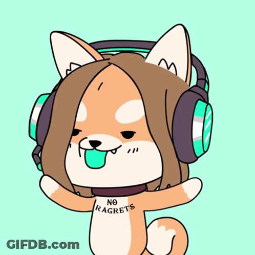 A Cartoon Dog Wearing Headphones Has A Shirt That Says No Regrets GIF