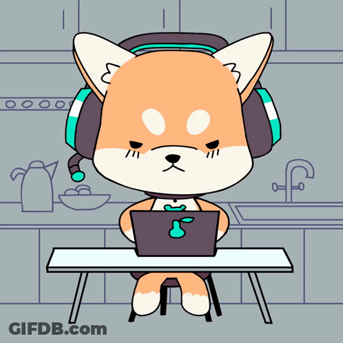 A Cartoon Dog Wearing Headphones Is Sitting At A Desk With A Laptop GIF