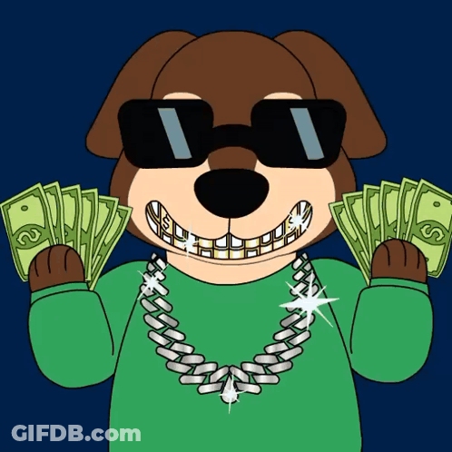 A Cartoon Dog Wearing Sunglasses And A Chain Is Holding Money In His Hands GIF