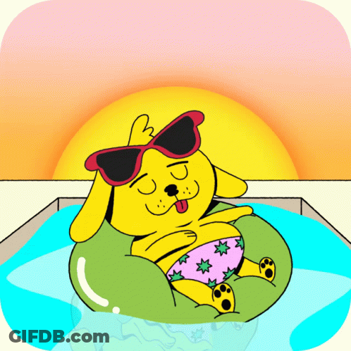 A Cartoon Dog Wearing Sunglasses Is Floating In A Pool With The Words Happy Labor Day Written Above It GIF