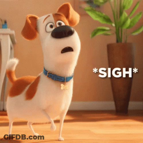 A Cartoon Dog With A Blue Collar Is Standing In Front Of A Potted Plant With The Word Sigh Above It GIF