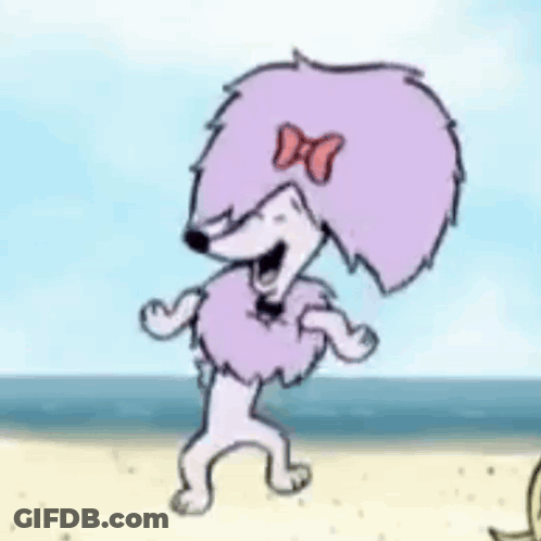 A Cartoon Dog With A Bow On Its Head Is Dancing On A Beach . GIF