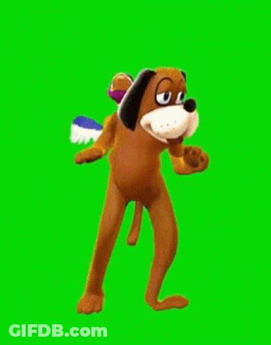 A Cartoon Dog With A Duck On Its Head Is Standing In A Cloud On A Green Screen . GIF