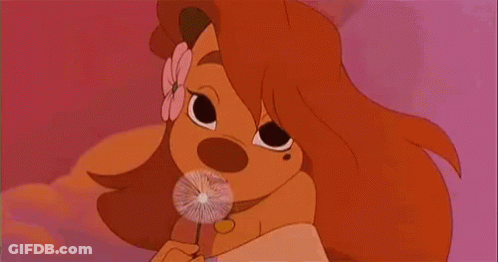 A Cartoon Dog With A Flower In Her Hair Is Blowing Dandelions In The Air . GIF