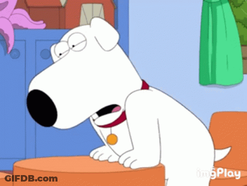 A Cartoon Dog With A Red Collar Is Sitting On An Orange Chair . GIF