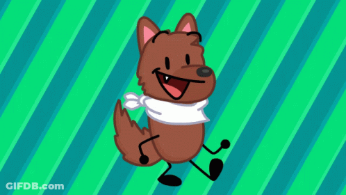 A Cartoon Dog With A Scarf Around Its Neck Is Smiling On A Green And Blue Striped Background GIF
