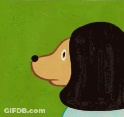 A Cartoon Dog With Long Black Hair Is Looking At Something GIF