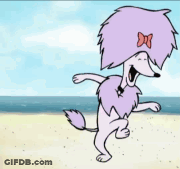A Cartoon Dog With Purple Hair And A Pink Bow On Its Head Is Dancing On The Beach GIF
