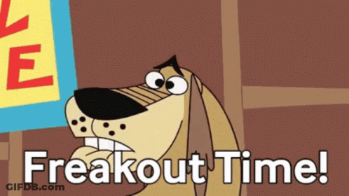 A Cartoon Dog With The Words " Freakout Time " On The Bottom GIF