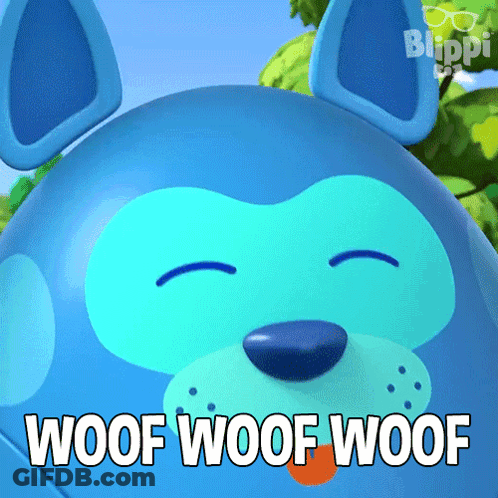 A Cartoon Dog With The Words Woof Woof Woof Written On It GIF