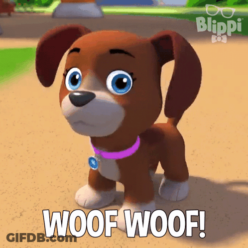 A Cartoon Dog With The Words Woof Woof Written Below It GIF