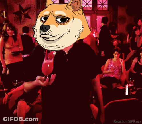 A Cartoon Doge Is Holding A Glass Of Wine In A Crowded Room GIF