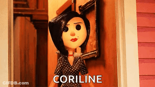 A Cartoon Doll Is Standing In A Doorway Next To A Framed Picture . GIF
