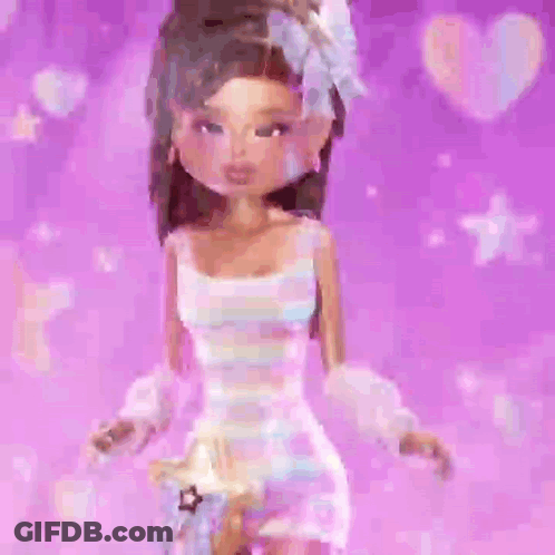 A Cartoon Doll Is Standing In Front Of A Pink Background Holding A Star Purse . GIF